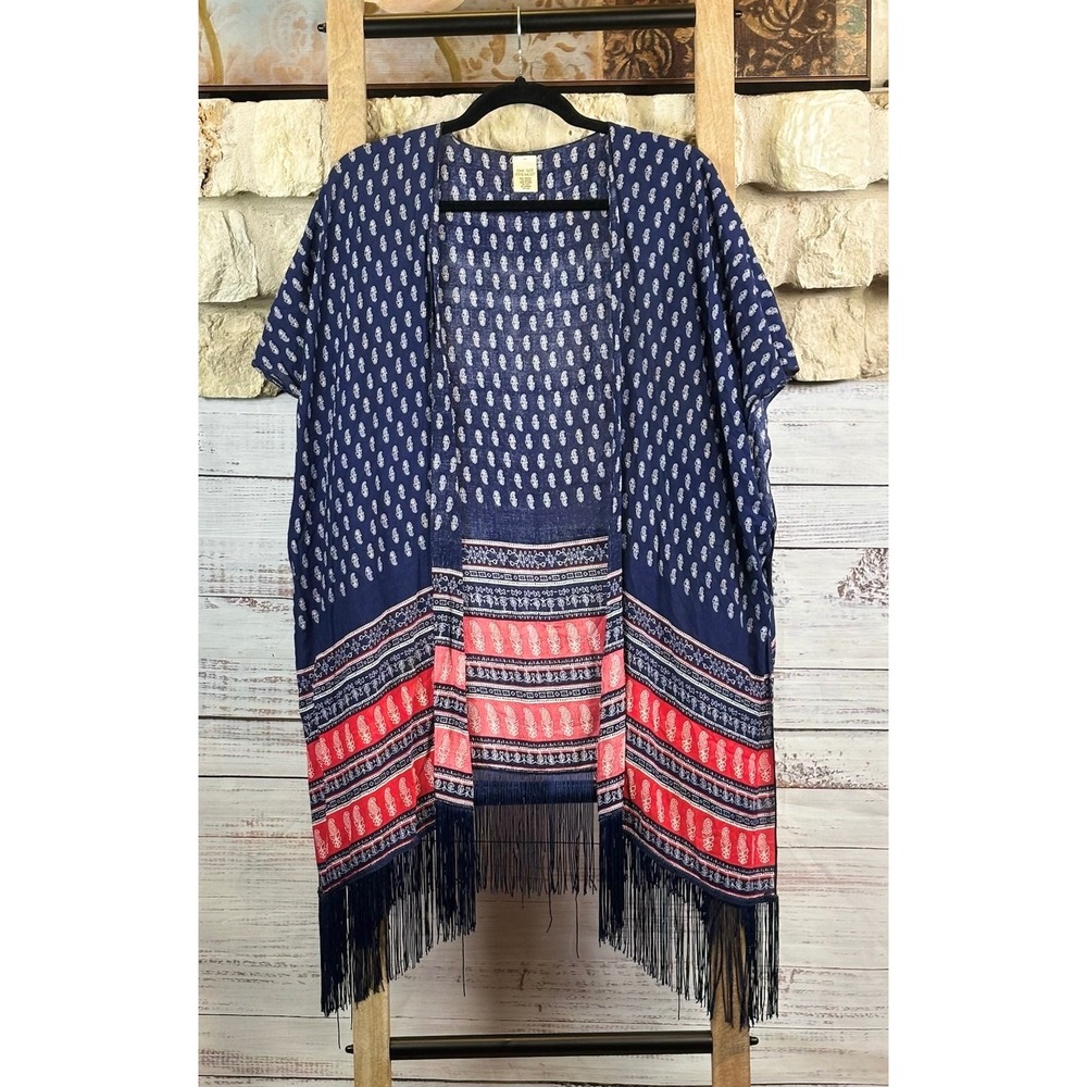 Navy Red White Paisley Fringe Kimono Wrap One Size Open Front Coverup